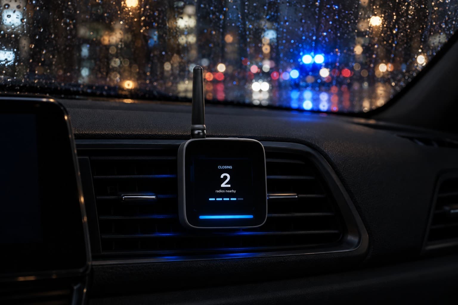 Visualisation: a Rozzr Base clipped to a car's air vent at night, its screen reading 'Closing, 2 radios nearby', blue emergency lights blurred through the rainy windscreen