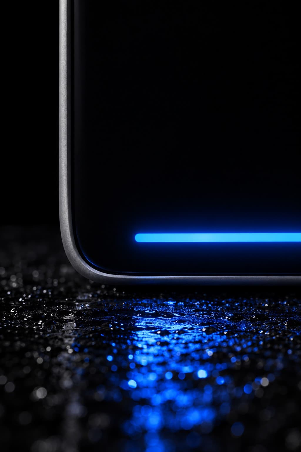 Visualisation: close-up of a Rozzr's corner on wet asphalt, its blue light line glowing and reflected in the water