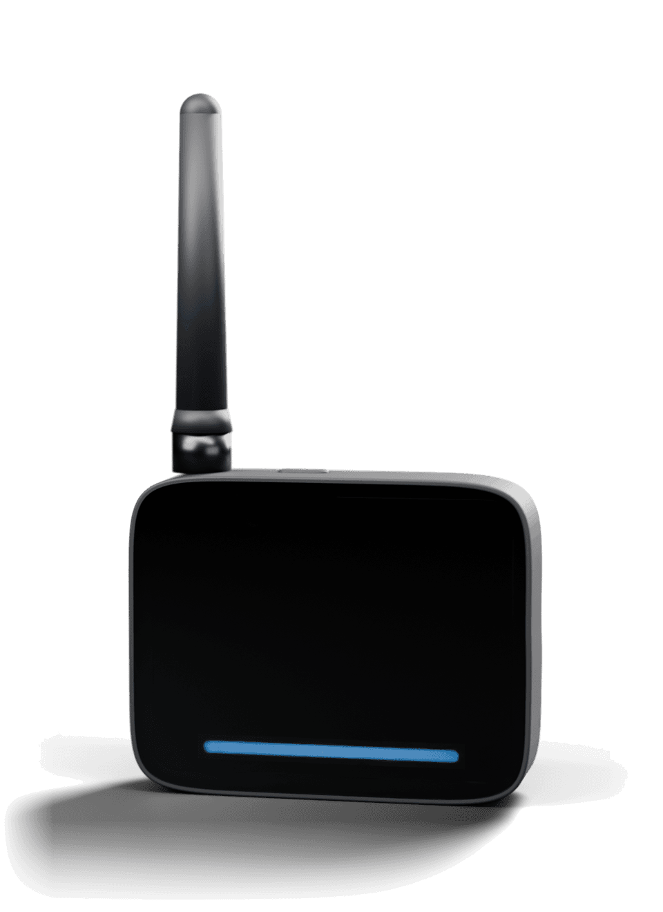 Rozzr Mini: a low black-glass device with a stub antenna and a blue light line